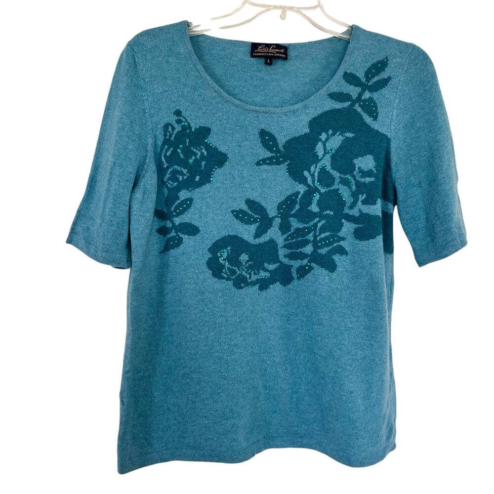 Luisa Spagnoli Blue Wool & Cashmere Floral Jacquard Short Sleeve Sweater Size L